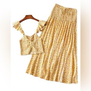 Women 2pc Boho Floral Set Tank Top & Long Split Skirt. Size S